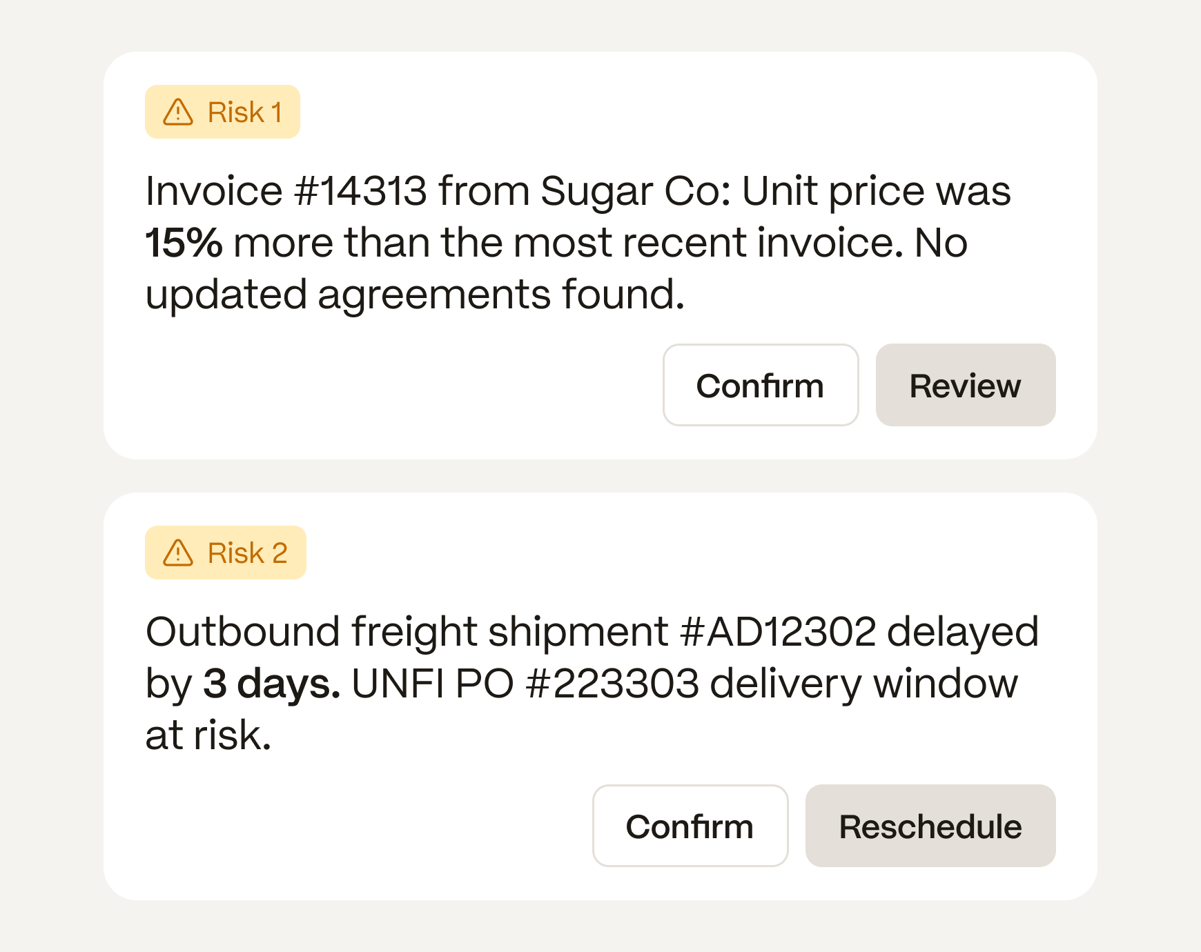 Supply chain exception alerts with recommended actions
